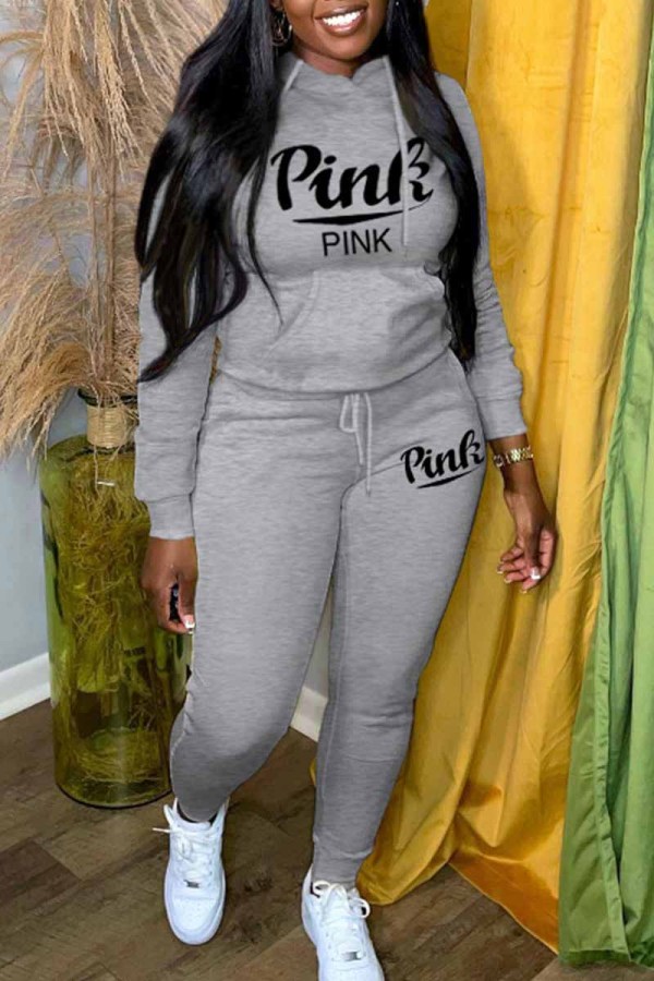 Grey Casual Print Letter Hooded Collar Long Sleeve Two Pieces