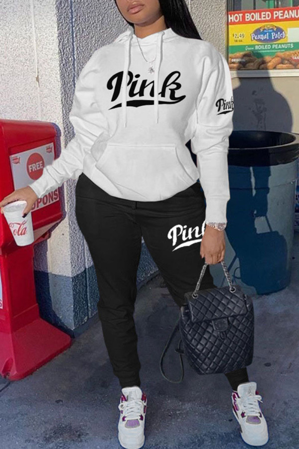 White Casual Print Patchwork Hooded Collar Long Sleeve Two Pieces