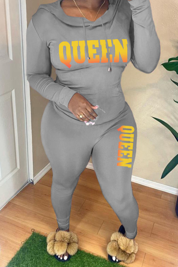 Grey Casual Print Patchwork Hooded Collar Long Sleeve Two Pieces