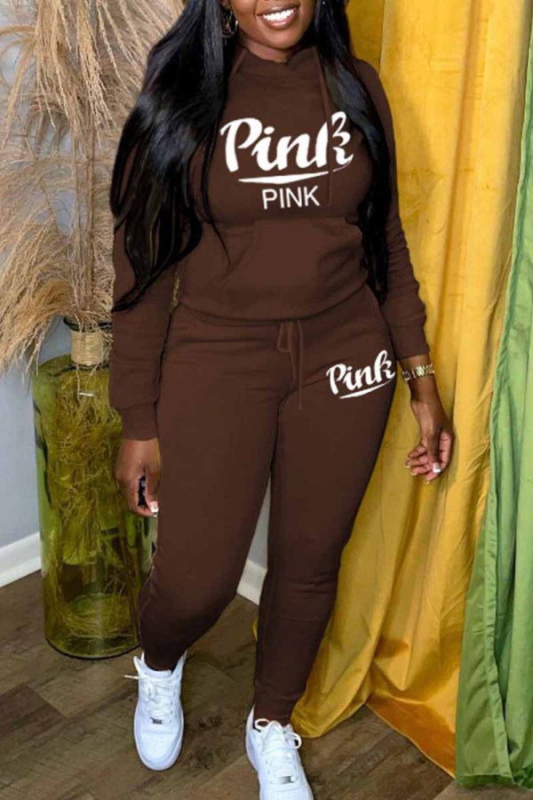 Dark Brown Casual Print Letter Hooded Collar Long Sleeve Two Pieces