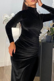 Black Sexy Solid Patchwork Half A Turtleneck One Step Skirt Dresses