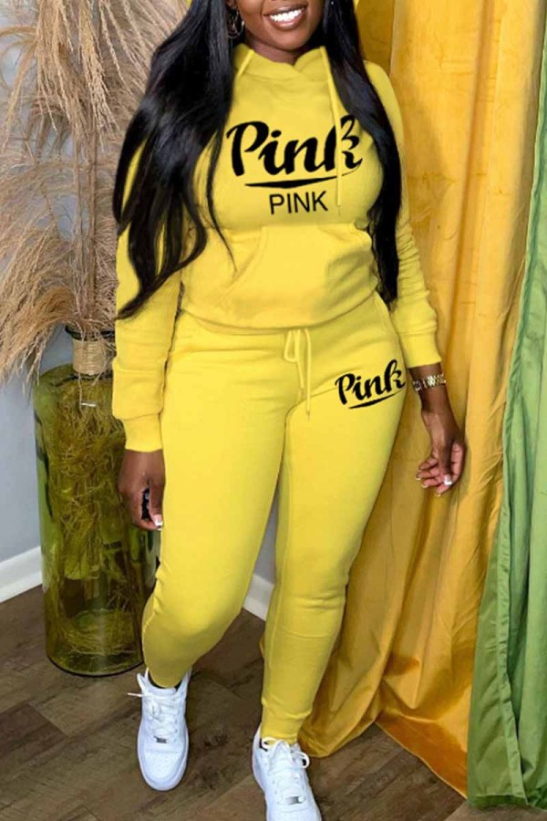Yellow Casual Print Letter Hooded Collar Long Sleeve Two Pieces