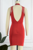 Red Sexy Solid Patchwork Hot Drill O Neck One Step Skirt Dresses