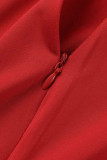 Red Sexy Solid Patchwork Hot Drill O Neck One Step Skirt Dresses