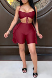 Burgundy Sexy Casual Solid Backless Spaghetti Strap Sleeveless Two Pieces