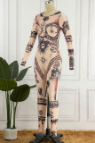 Khaki Sexy Print Patchwork O Neck Skinny Jumpsuits