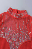 Red Sexy Solid Patchwork Hot Drill O Neck One Step Skirt Dresses