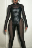 Black Sexy Solid Patchwork See-through O Neck Skinny Jumpsuits