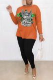 Pink Orange Street Print Patchwork O Neck Long Sleeve Two Pieces