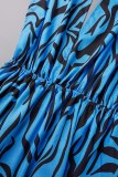 Blue Sexy Casual Print Patchwork Backless Slit Oblique Collar Long Dress