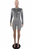 Grey Casual Print Letter Zipper Collar Rompers