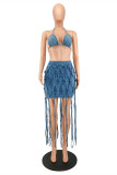 Blue Fashion Sexy Solid Tassel Backless Halter Sleeveless Two Pieces