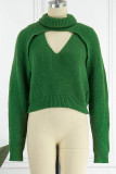 Green Sexy Casual Solid Hollowed Out Turtleneck Long Sleeve Two Pieces