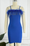 Red Sexy Solid Tassel Patchwork Feathers Spaghetti Strap Pencil Skirt Dresses