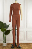 Brown Sexy Solid Patchwork Half A Turtleneck Long Sleeve Two Pieces
