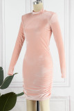 Pink Sexy Solid Fold Turtleneck Long Sleeve Dresses