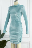 Pink Sexy Solid Fold Turtleneck Long Sleeve Dresses