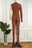 Brown Sexy Solid Patchwork Half A Turtleneck Long Sleeve Two Pieces