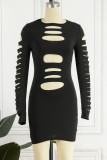 Red Sexy Casual Solid Ripped O Neck Long Sleeve Dresses