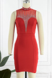 Red Sexy Solid Patchwork Hot Drill O Neck One Step Skirt Dresses