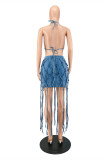 Blue Fashion Sexy Solid Tassel Backless Halter Sleeveless Two Pieces