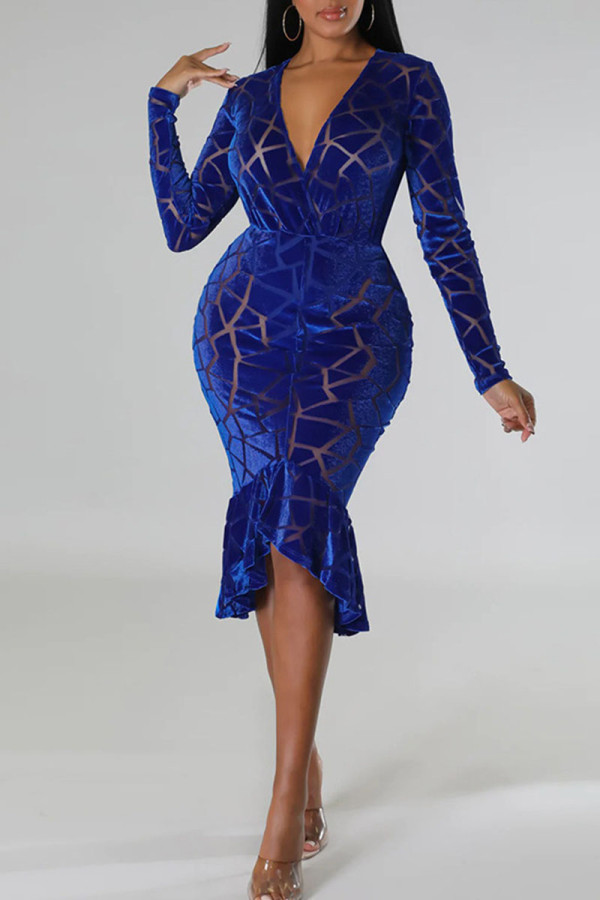 Blue Sexy Solid Patchwork Flounce V Neck Trumpet Mermaid Dresses
