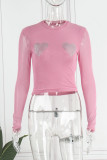Pink Casual Solid Patchwork Hot Drill O Neck Tops