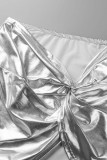 Silver Sexy Solid Patchwork Turtleneck Sleeveless Two Pieces