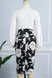White Casual Elegant Print Patchwork With Bow Half A Turtleneck One Step Skirt Dresses