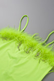 Fluorescent Green Sexy Solid Tassel Patchwork Feathers Spaghetti Strap Pencil Skirt Dresses
