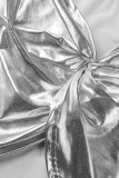 Silver Sexy Solid Patchwork Turtleneck Sleeveless Two Pieces