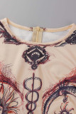 Khaki Sexy Print Patchwork O Neck Skinny Jumpsuits