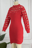Red Sexy Solid Hollowed Out Patchwork Half A Turtleneck Pencil Skirt Dresses