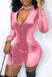 Pink Sexy Print Letter Zipper Collar Rompers