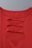 Red Sexy Casual Solid Ripped O Neck Long Sleeve Dresses