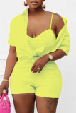 Pink Fashion Casual Solid Basic Turndown Collar Short Sleeve Three-piece Set