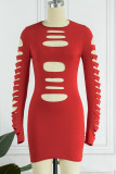 Red Sexy Casual Solid Ripped O Neck Long Sleeve Dresses