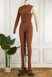 Brown Sexy Solid Patchwork Half A Turtleneck Long Sleeve Two Pieces