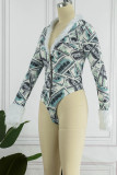 Blue Sexy Casual Print Patchwork V Neck Skinny Romper
