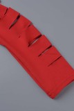 Red Sexy Casual Solid Ripped O Neck Long Sleeve Dresses