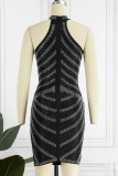 Black Sexy Solid Patchwork Hot Drill O Neck One Step Skirt Dresses