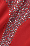 Red Sexy Solid Patchwork Hot Drill O Neck One Step Skirt Dresses