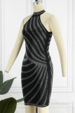 Black Sexy Solid Patchwork Hot Drill O Neck One Step Skirt Dresses