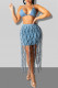 Blue Fashion Sexy Solid Tassel Backless Halter Sleeveless Two Pieces