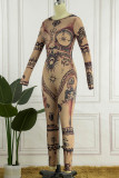 Khaki Sexy Print Patchwork O Neck Skinny Jumpsuits