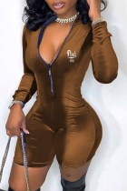 Coffee Sexy Print Letter Zipper Collar Rompers