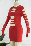 Red Sexy Casual Solid Ripped O Neck Long Sleeve Dresses