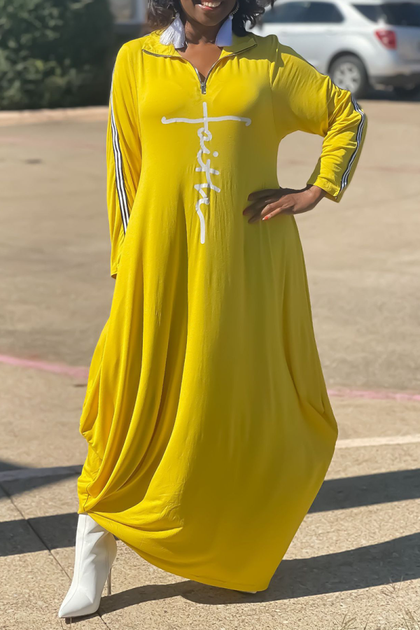 Yellow Street Print Patchwork Zipper Collar Straight Dresses