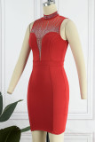 Red Sexy Solid Patchwork Hot Drill O Neck One Step Skirt Dresses