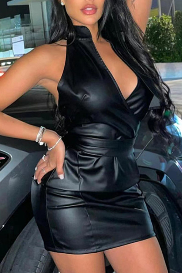 Black Sexy Solid Patchwork Backless Halter One Step Skirt Dresses